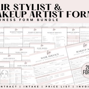 May include: A collection of 20+ printable forms for hair stylists and makeup artists. The forms include intake and consultation forms, price lists, invoices, and client record cards. The forms are designed in a modern, minimalist style with a pink and white color scheme. The text "edit in Canva" is visible in the bottom right corner.