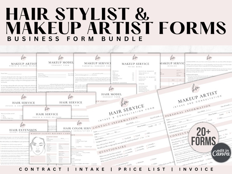 May include: A collection of 20+ printable forms for hair stylists and makeup artists. The forms include intake and consultation forms, price lists, invoices, and client record cards. The forms are designed in a modern, minimalist style with a pink and white color scheme. The text "edit in Canva" is visible in the bottom right corner.