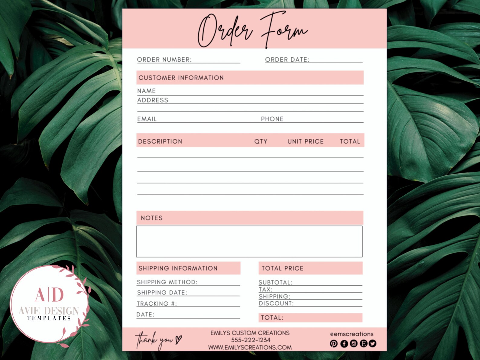 Pink Order Form Template Order form word Small Business Etsy