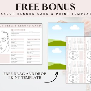 May include: A printable makeup client record card template with a blank face diagram and sections for client information, base makeup, face and cheeks, brows, eyes, and lips. The template is designed for makeup artists to record client preferences and details.