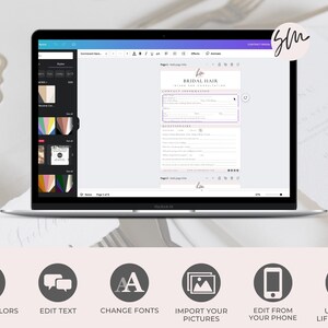 May include: A laptop computer screen displaying a digital document with the title "Bridal Hair Inquiry and Consultation". The document is a form with fields for contact information and a questionnaire. The screen is surrounded by a white border and the laptop is on a white surface. Below the laptop are six icons representing features of the product: change colors, edit text, change fonts, import your pictures, edit from your phone, and unlimited lifetime edits.