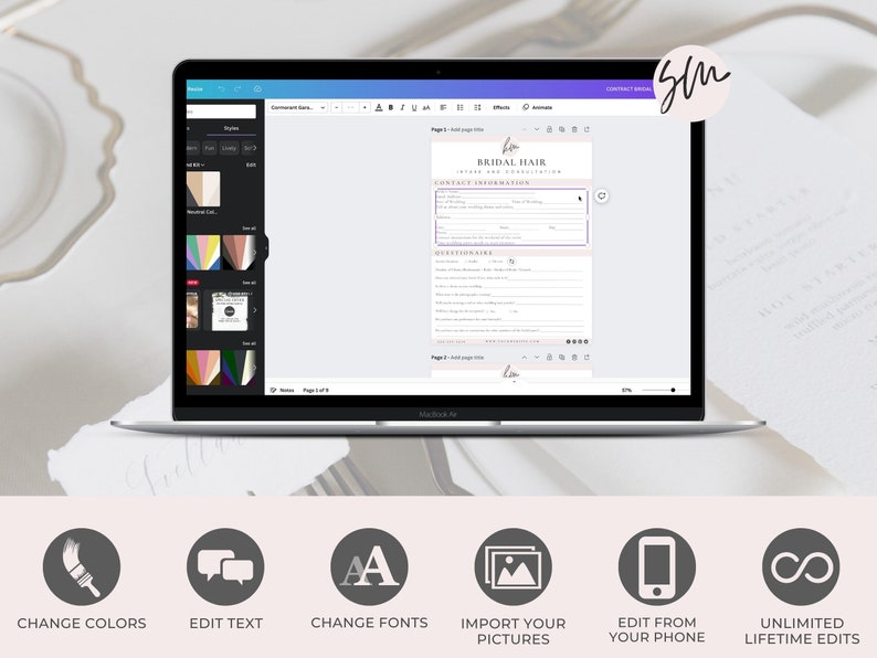 May include: A laptop computer screen displaying a digital document with the title "Bridal Hair Inquiry and Consultation". The document is a form with fields for contact information and a questionnaire. The screen is surrounded by a white border and the laptop is on a white surface. Below the laptop are six icons representing features of the product: change colors, edit text, change fonts, import your pictures, edit from your phone, and unlimited lifetime edits.
