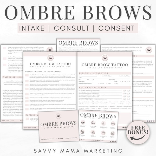 Ombre Brow Intake Form Bundle | PMU Forms | PMU Client Record | PMU Aftercare Card | Microshading Form | Powder Brows Consent