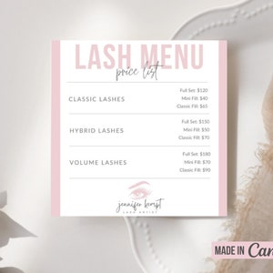 Puede incluir: Lista de precios rosa y blanca para servicios de pesta&ntilde;as. Los conjuntos y rellenos de pesta&ntilde;as cl&aacute;sicas, h&iacute;bridas y de volumen se enumeran con sus precios. El texto "LASH MENU price list" est&aacute; en la parte superior de la lista. El texto "jennifer kerupt lash artist" est&aacute; en la parte inferior de la lista. El texto "MADE IN Canva" est&aacute; en la parte inferior de la p&aacute;gina.