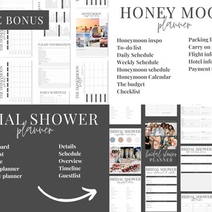 Puede incluir: Un planificador imprimible para una despedida de soltera con un dise&ntilde;o en blanco y negro. El planificador incluye secciones para un moodboard, una lista de verificaci&oacute;n, una l&iacute;nea de tiempo, un planificador semanal y un planificador mensual. El texto "BRIAL SHOWER planner" est&aacute; en la parte superior de la p&aacute;gina.