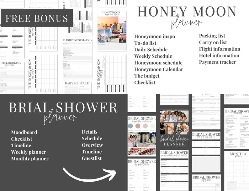 Puede incluir: Un planificador imprimible para una despedida de soltera con un dise&ntilde;o en blanco y negro. El planificador incluye secciones para un moodboard, una lista de verificaci&oacute;n, una l&iacute;nea de tiempo, un planificador semanal y un planificador mensual. El texto "BRIAL SHOWER planner" est&aacute; en la parte superior de la p&aacute;gina.