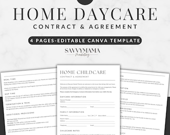 May include: A black and white printable contract and agreement template for a home daycare. The template includes sections for meal times, nap times, termination and trial periods, additional provisions, daycare provider information, family information, childcare rates, child information, permissions, and policy.