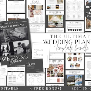 Puede incluir: Un paquete de plantillas de planificador de bodas en blanco y negro con el texto "The Ultimate Wedding Planner Template Bundle" y "100% Editable" y "5 Free Bonus!" y "Edit in Canva". El paquete incluye plantillas para un pastel de bodas, una recepci&oacute;n, una mesa de honor, flores, una ceremonia y una lista de verificaci&oacute;n de 12 meses.
