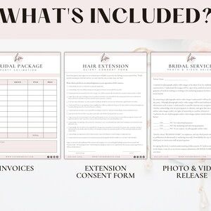 May include: Three printable forms for bridal services: a bridal package price estimation form, a hair extension client consent form, and a bridal services photo and video release form. Each form has a pink background with a logo at the top.