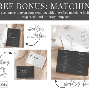Puede incluir: Un conjunto de plantillas de papeler&iacute;a de boda imprimibles gratuitas en blanco y negro. El conjunto incluye una invitaci&oacute;n de boda, tarjetas RSVP y un itinerario de boda. El texto en las tarjetas dice "invitaci&oacute;n de boda", "RSVP" y "itinerario de boda".