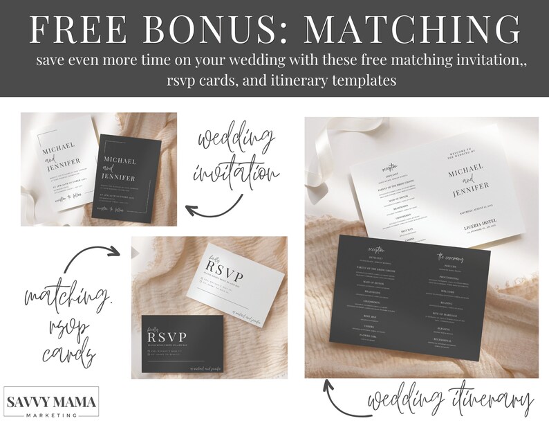 Puede incluir: Un conjunto de plantillas de papeler&iacute;a de boda imprimibles gratuitas en blanco y negro. El conjunto incluye una invitaci&oacute;n de boda, tarjetas RSVP y un itinerario de boda. El texto en las tarjetas dice "invitaci&oacute;n de boda", "RSVP" y "itinerario de boda".