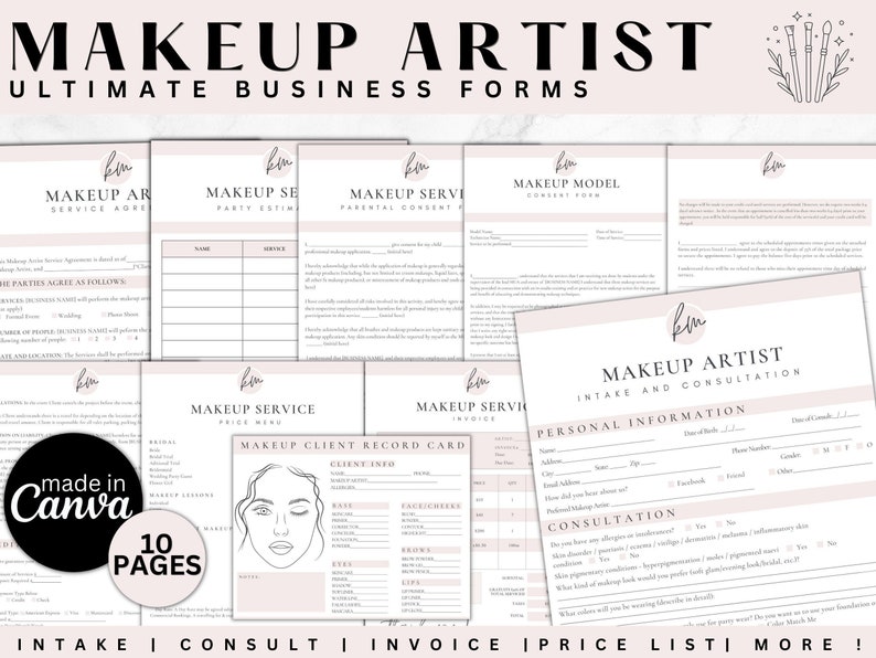 May include: A set of 10 printable forms for makeup artists. The forms include a service agreement, party estimate, parental consent, model consent, makeup service price menu, client record card, intake and consultation, and invoice. The forms are designed in a minimalist style with a pink and white color scheme.