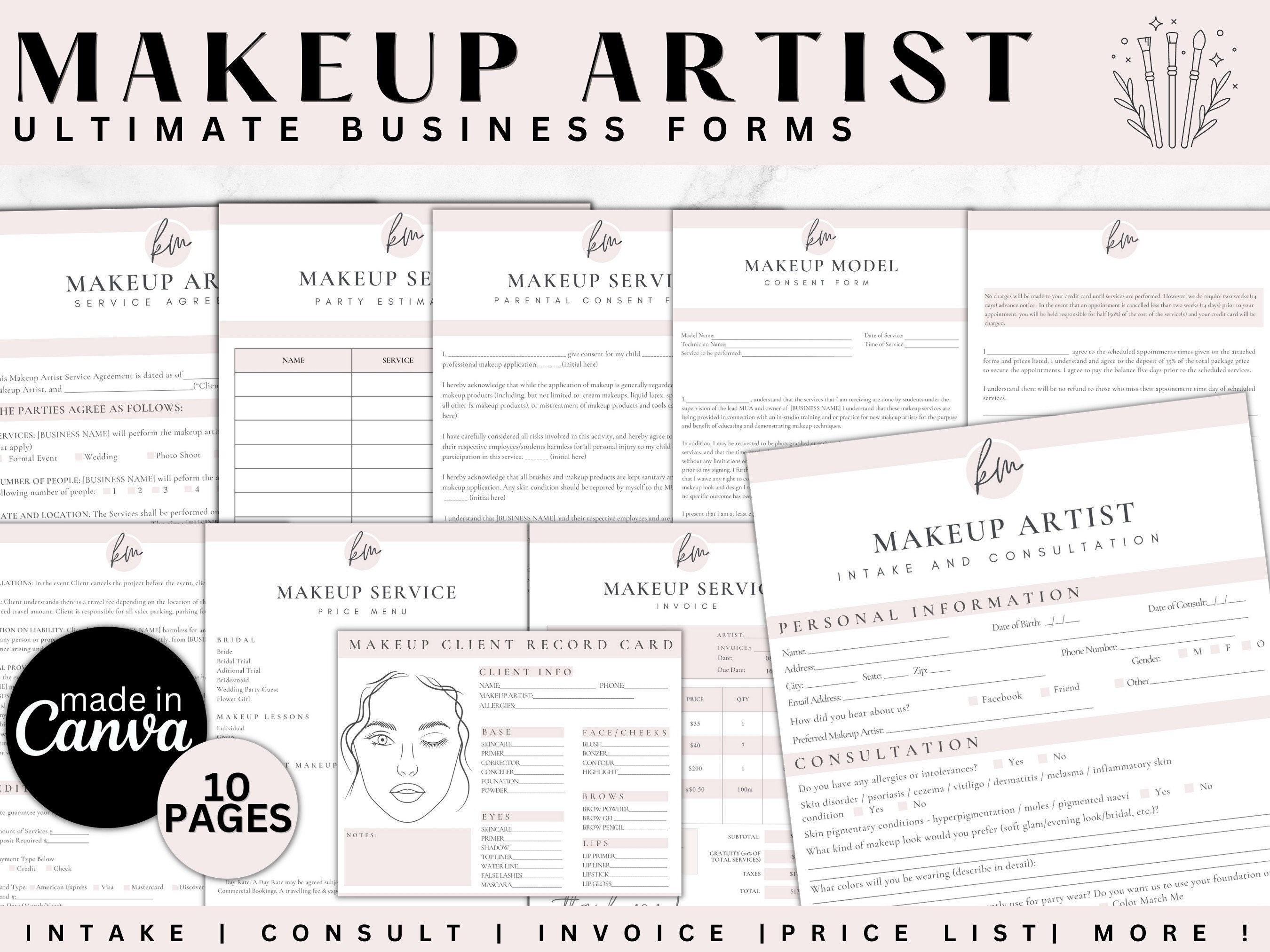 Paquete de formularios de maquillador, contrato MUA, formularios de servicio de maquillaje, maquillador independiente, acuerdo de contrato de maquillaje, formulario de maquillador