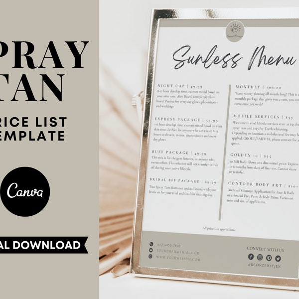 Spray Tan Price List, Price List Template, Editable Spray Tan Templates, Spray Tanning Consultation Forms, Esthetician Forms, Spa Forms