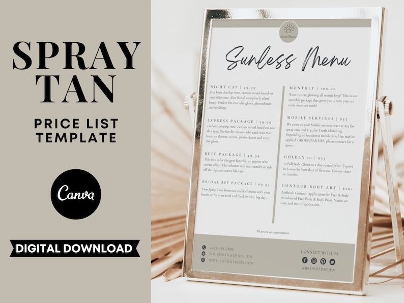Spray Tan Price List, Price List Template, Editable Spray Tan Templates