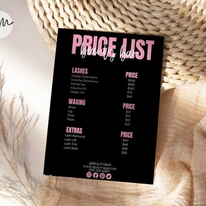 Price list template, Price list, Salon price list, Printable Price Sheet, Price Guide, Hair Salon, Hairdresser, Custom Menu Template