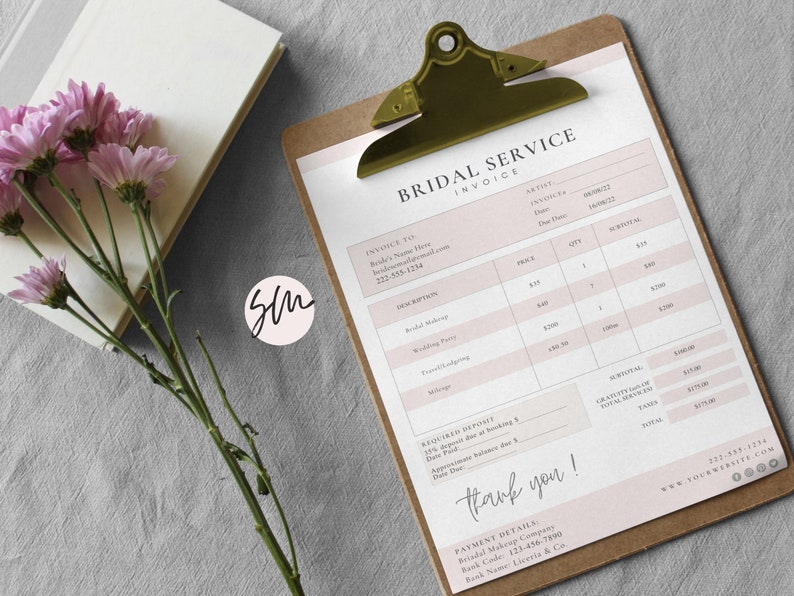 May include: A pink and white invoice for bridal services. The invoice includes a list of services, prices, and quantities. The invoice also includes a section for payment details and a thank you message.