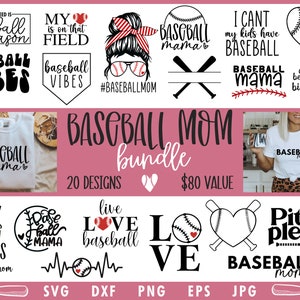 May include: A pink and white graphic design bundle for baseball mums. The bundle includes 20 designs with phrases like "Baseball Mama", "I Only Raise Ballers", "Live Love Baseball", and "Pitch Please".