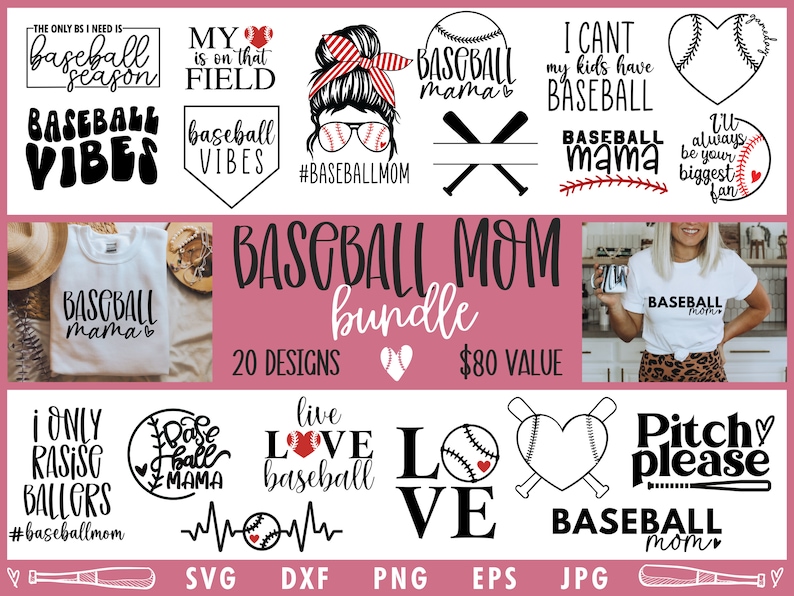 May include: A pink and white graphic design bundle for baseball mums. The bundle includes 20 designs with phrases like "Baseball Mama", "I Only Raise Ballers", "Live Love Baseball", and "Pitch Please".