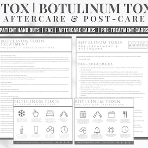 May include: Two black and white information cards about Botox and Botulinum Toxin treatments. The cards include frequently asked questions, pre-treatment instructions, and aftercare instructions. The cards have a website and phone number at the bottom.