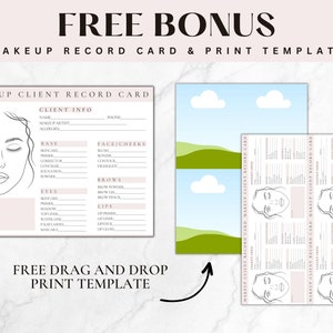 May include: A printable makeup client record card template with a blank face outline and sections for client information, base makeup, face and cheeks, eyes, brows, and lips. The template is designed to be used for recording makeup details for clients.