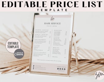 Plantilla de lista de precios EDITABLE, lista de precios de cabello, lista de precios de salón, plantilla de precios, lista de precios editable, lista de precios de salón, plantilla de lista de precios