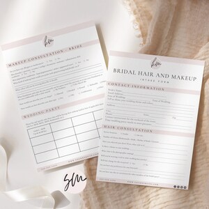 May include: A pink and white bridal hair and makeup intake form with sections for contact information, wedding party, and hair and makeup consultations. The form includes a logo with the initials "kim" and the website address www.yourwebsite.com.
