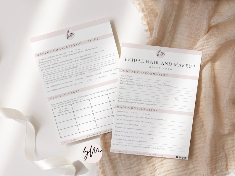 May include: A pink and white bridal hair and makeup intake form with sections for contact information, wedding party, and hair and makeup consultations. The form includes a logo with the initials "kim" and the website address www.yourwebsite.com.