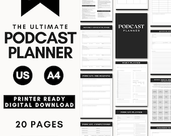 May include: A black and white printable podcast planner with 20 pages. The planner includes sections for monthly content planning, daily planning, podcast competitors, and a 30-day social media challenge.
