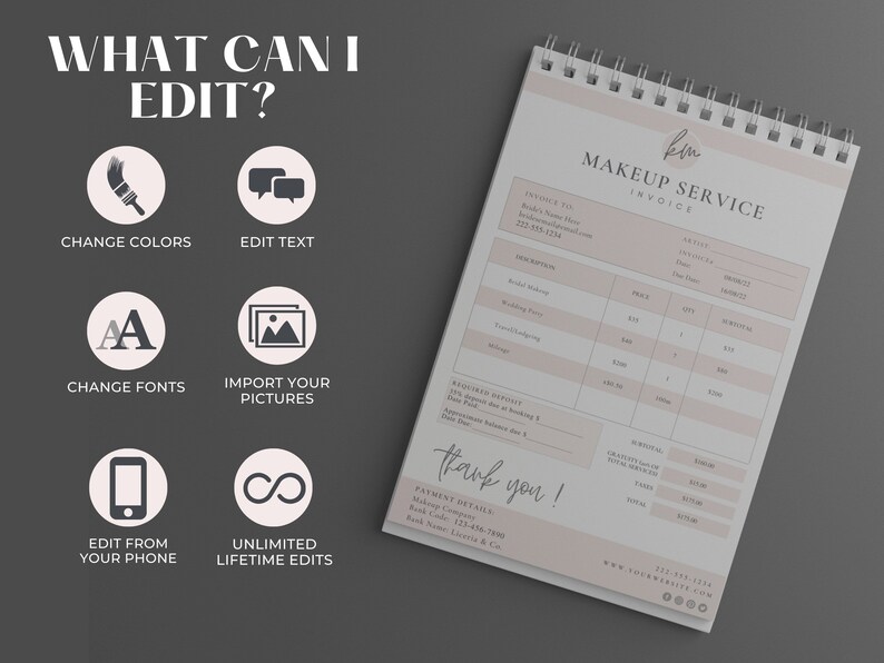 May include: A pink and white printable makeup service invoice template with the text "Makeup Service Invoice" at the top. The template includes sections for invoice details, description, price, quantity, subtotal, and total. The template also includes a section for payment details and a thank you message.