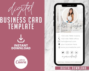 May include: A digital business card template for a real estate agent. The template features a photo of the agent, their name, contact information, and social media links. The template is designed to be edited in Canva and is available for instant download.