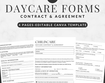 May include: A printable daycare contract and agreement form template. The form includes sections for immunization records, clothing, health information, special instructions, safe sleeping, fees, and family information. The form is designed to be edited in Canva.