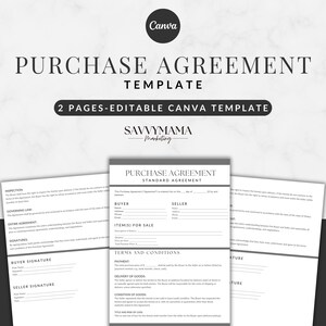 May include: A black and white purchase agreement template with the title "Purchase Agreement" and "Standard Agreement" in a bold font. The template includes sections for buyer and seller information, items for sale, terms and conditions, payment, delivery of goods, condition of goods, title and risk of loss, and signatures.