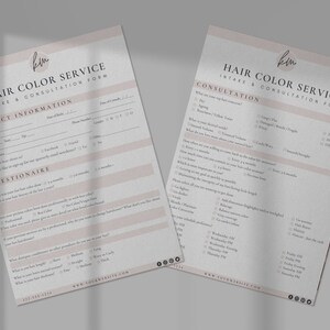 May include: A two-page hair color service intake and consultation form with a pink and white color scheme. The form includes sections for contact information, a questionnaire, and a consultation. The form is designed to help hair stylists gather information from clients before a hair color service.