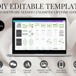Puede incluir: Una pantalla de computadora port&aacute;til que muestra una plantilla de Canva para un planificador de bodas. La plantilla incluye secciones para los detalles de la boda, la lista de invitados, la informaci&oacute;n del proveedor y m&aacute;s. El texto "DIY EDITABLE TEMPLATE" y "NO SOFTWARE NEEDED | UNLIMITED LIFETIME EDITS" se muestra en la parte superior de la pantalla. Debajo de la computadora port&aacute;til hay iconos que representan las caracter&iacute;sticas de la plantilla, que incluyen cambiar colores, editar texto, cambiar fuentes, importar im&aacute;genes, editar desde un tel&eacute;fono y ediciones de por vida.