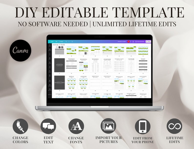 Puede incluir: Una pantalla de computadora port&aacute;til que muestra una plantilla de Canva para un planificador de bodas. La plantilla incluye secciones para los detalles de la boda, la lista de invitados, la informaci&oacute;n del proveedor y m&aacute;s. El texto "DIY EDITABLE TEMPLATE" y "NO SOFTWARE NEEDED | UNLIMITED LIFETIME EDITS" se muestra en la parte superior de la pantalla. Debajo de la computadora port&aacute;til hay iconos que representan las caracter&iacute;sticas de la plantilla, que incluyen cambiar colores, editar texto, cambiar fuentes, importar im&aacute;genes, editar desde un tel&eacute;fono y ediciones de por vida.