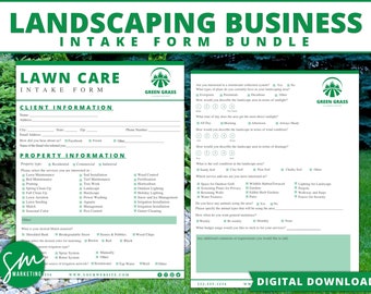 May include: A landscaping business intake form bundle with a lawn care intake form. The forms have a green and white design with sections for client and property information. The forms include the text "Digital Download."