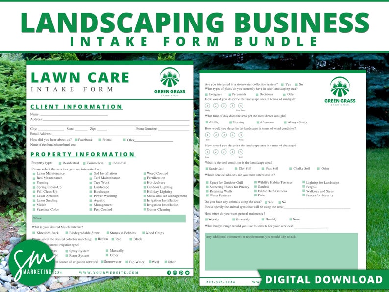 May include: A landscaping business intake form bundle with a lawn care intake form. The forms have a green and white design with sections for client and property information. The forms include the text "Digital Download."