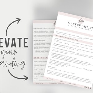 May include: A pink and white makeup artist service agreement form with the title "Makeup Artist Service Agreement". The form includes sections for the parties to agree on services, payment, and other details.
