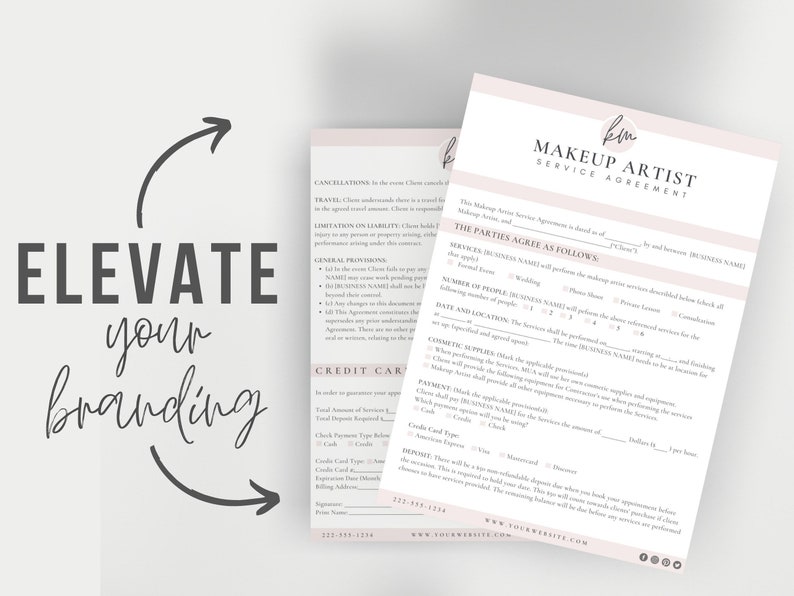 May include: A pink and white makeup artist service agreement form with the title "Makeup Artist Service Agreement". The form includes sections for the parties to agree on services, payment, and other details.