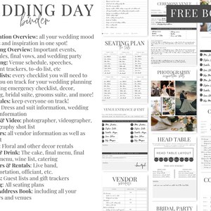 Puede incluir: Una carpeta para el d&iacute;a de la boda con listas de verificaci&oacute;n, horarios e informaci&oacute;n de proveedores. La carpeta es de color gris y blanco con texto negro. La portada dice "Wedding Day Binder".