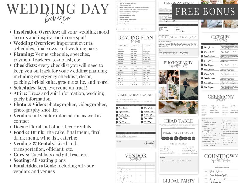 Puede incluir: Una carpeta para el d&iacute;a de la boda con listas de verificaci&oacute;n, horarios e informaci&oacute;n de proveedores. La carpeta es de color gris y blanco con texto negro. La portada dice "Wedding Day Binder".