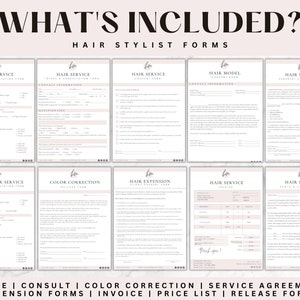 May include: A set of printable forms for hair stylists, including intake, consultation, color correction, service agreement, extension forms, invoice, price list, and release forms. The forms are designed with a pink and white color scheme.