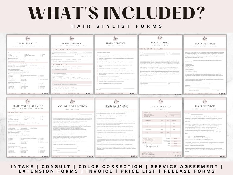 May include: A set of printable forms for hair stylists, including intake, consultation, color correction, service agreement, extension forms, invoice, price list, and release forms. The forms are designed with a pink and white color scheme.
