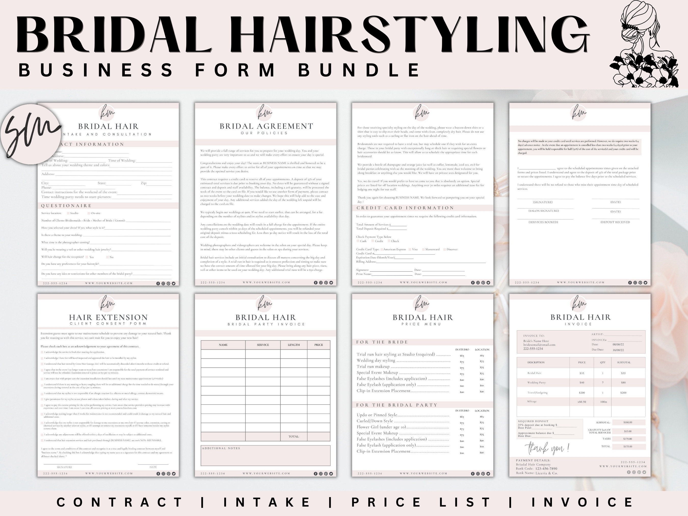 Bridal Hair Contract BUNDLE,Professional Hair Stylist Forms, Bridal Hair Stylist, Hairstylist intake,Editable Hairstyling Services Agreement