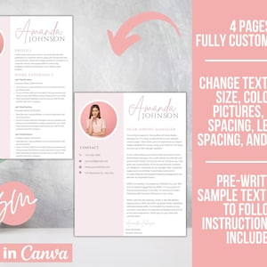 Pode incluir: Um modelo de curr&iacute;culo vitae rosa e branco com uma foto de uma mulher no canto superior esquerdo. O modelo inclui se&ccedil;&otilde;es para informa&ccedil;&otilde;es de contato, experi&ecirc;ncia profissional, educa&ccedil;&atilde;o e habilidades. O texto "Amanda Johnson" est&aacute; no topo da p&aacute;gina. O texto "4 p&aacute;ginas totalmente personaliz&aacute;veis" est&aacute; no canto superior direito. O texto "Altere o texto, a fonte, o tamanho, a cor, as imagens, o espa&ccedil;amento entre linhas, o espa&ccedil;amento entre letras e muito mais!" est&aacute; no canto superior direito. O texto "Texto de amostra pr&eacute;-escrito e guia de instru&ccedil;&otilde;es f&aacute;cil de seguir inclu&iacute;do" est&aacute; no canto inferior direito.