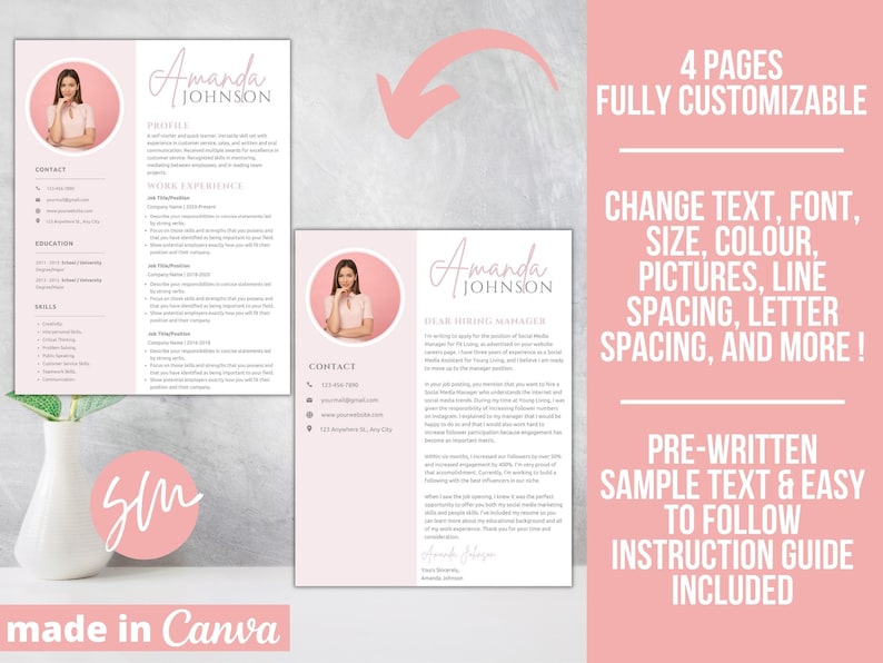 Pode incluir: Um modelo de curr&iacute;culo vitae rosa e branco com uma foto de uma mulher no canto superior esquerdo. O modelo inclui se&ccedil;&otilde;es para informa&ccedil;&otilde;es de contato, experi&ecirc;ncia profissional, educa&ccedil;&atilde;o e habilidades. O texto "Amanda Johnson" est&aacute; no topo da p&aacute;gina. O texto "4 p&aacute;ginas totalmente personaliz&aacute;veis" est&aacute; no canto superior direito. O texto "Altere o texto, a fonte, o tamanho, a cor, as imagens, o espa&ccedil;amento entre linhas, o espa&ccedil;amento entre letras e muito mais!" est&aacute; no canto superior direito. O texto "Texto de amostra pr&eacute;-escrito e guia de instru&ccedil;&otilde;es f&aacute;cil de seguir inclu&iacute;do" est&aacute; no canto inferior direito.
