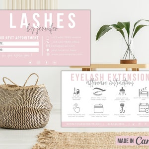 Puede incluir: Tarjeta de visita rosa y blanca con el texto "LASHES by jennifer" e informaci&oacute;n de contacto. Una segunda tarjeta con fondo rosa y blanco enumera las instrucciones de cuidado posterior de las extensiones de pesta&ntilde;as con iconos.