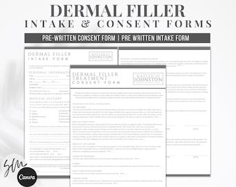May include: Two black and white forms for dermal filler treatment intake and consent. The forms are titled "Dermal Filler Intake Form" and "Dermal Filler Treatment Consent Form". The forms are from Kayleigh Johnston, Medical Aesthetics & Skin.