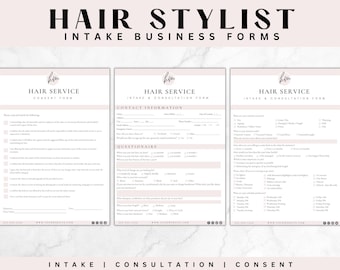 Könnte beinhalten: Drei Aufnahmeformulare für Friseure. Die Formulare sind mit "Haarservice-Einverständniserklärung", "Haarservice-Aufnahme und Beratung" und "Haarservice-Aufnahme und Beratung" betitelt. Die Formulare beinhalten Fragen zu Kontaktinformationen, Haargeschichte und gewünschten Dienstleistungen.
